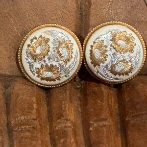 Vintage Floral Gold Silver and White Button Earrings